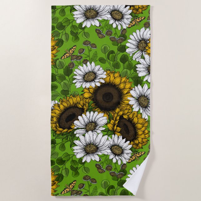 Sunflowers and daisies, summer garden beach towel (Front)