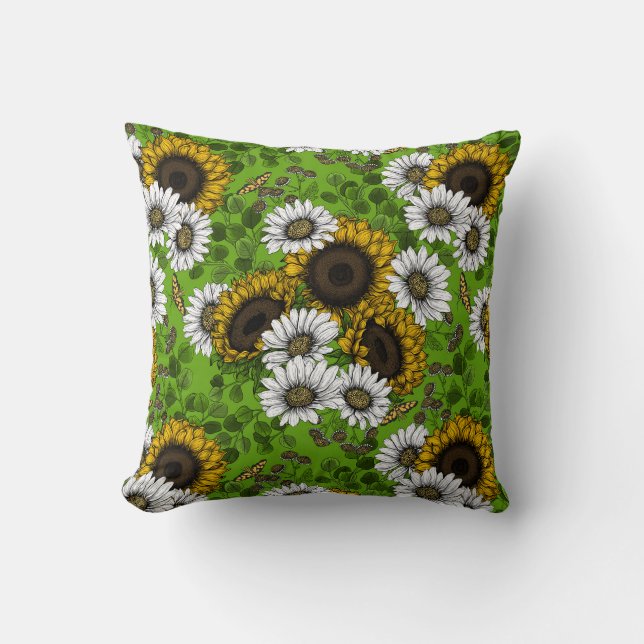 Sunflowers and daisies, summer garden cushion (Front)