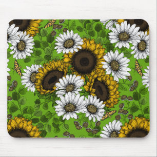 Sunflowers and daisies, summer garden mouse pad