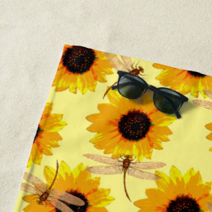 Sunflowers And Dragonflies, Beach Towel