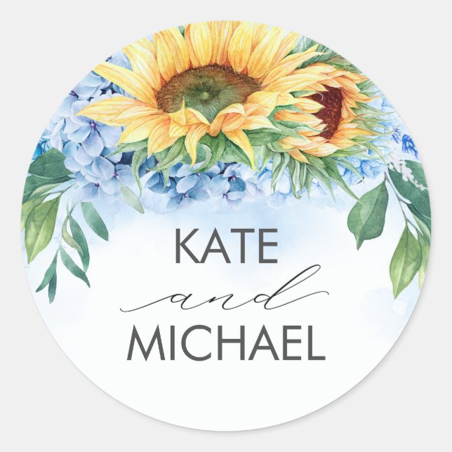Sunflowers and Dusty Blue Hydrangea Floral Elegant Classic Round Sticker (Front)