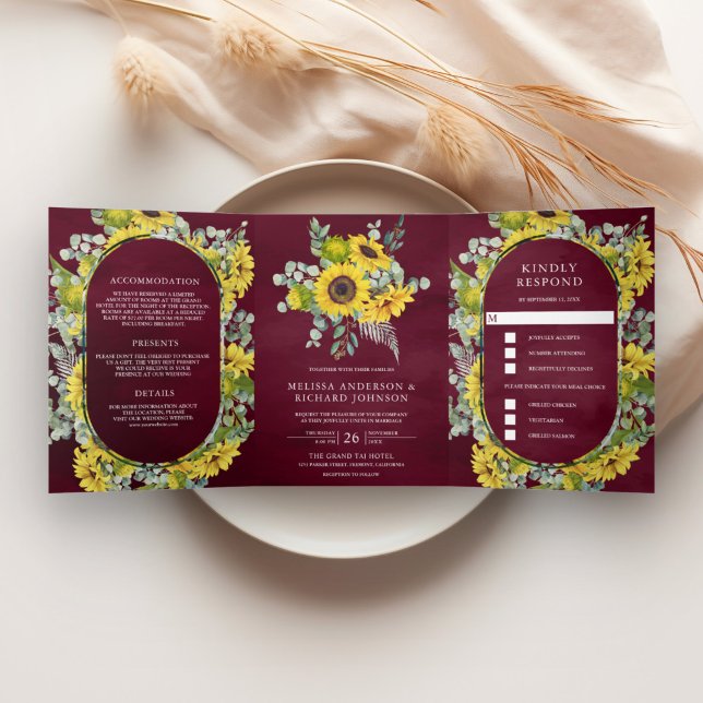 Sunflowers and Eucalyptus 3 in 1 Burgundy Wedding Tri-Fold Invitation (Creator Uploaded)