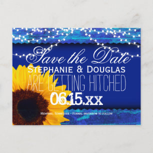 Sunflowers and Fairy Lights Blue Save the Date Announcement Postcard