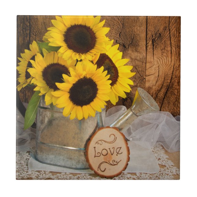 Sunflowers and Garden Watering Can Barn Wedding Tile (Front)