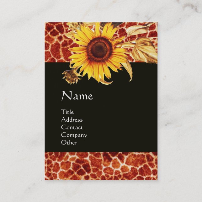 SUNFLOWERS AND GIRAFFE SKIN RED GEMSTONE MONOGRAM BUSINESS CARD (Front)