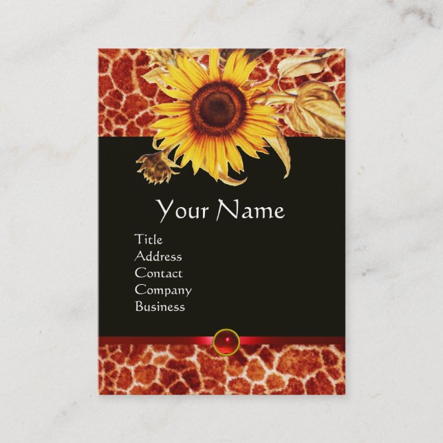 SUNFLOWERS AND GIRAFFE SKIN,RED RUBY GEMSTONE BUSINESS CARD (Front)
