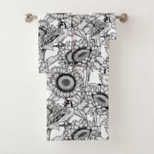Sunflowers and goldfinches in black and white bath towel set