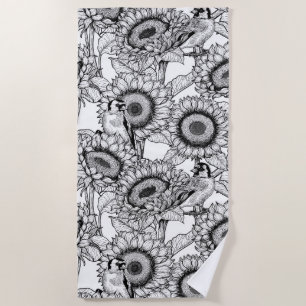 Sunflowers and goldfinches in black and white beach towel