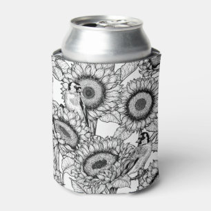 Sunflowers and goldfinches in black and white can cooler