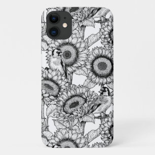 Sunflowers and goldfinches in black and white iPhone 11 case