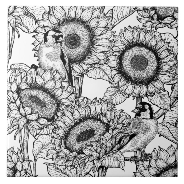 Sunflowers and goldfinches in black and white ceramic tile (Front)