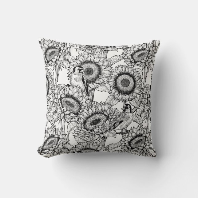 Sunflowers and goldfinches in black and white cushion (Front)