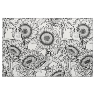 Sunflowers and goldfinches in black and white fabric