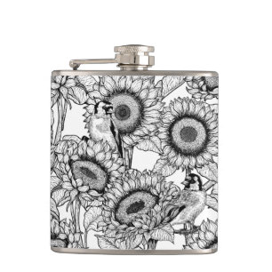 Sunflowers and goldfinches in black and white hip flask