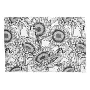 Sunflowers and goldfinches in black and white pillowcase