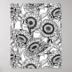 Sunflowers and goldfinches in black and white poster