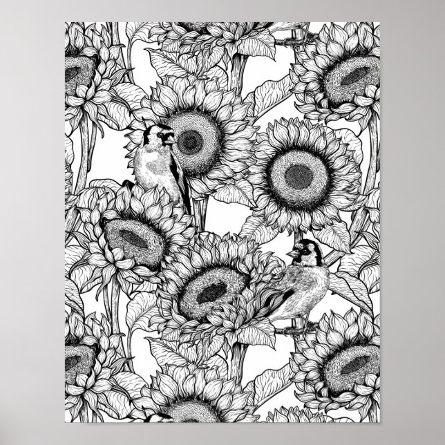 Sunflowers and goldfinches in black and white poster (Front)