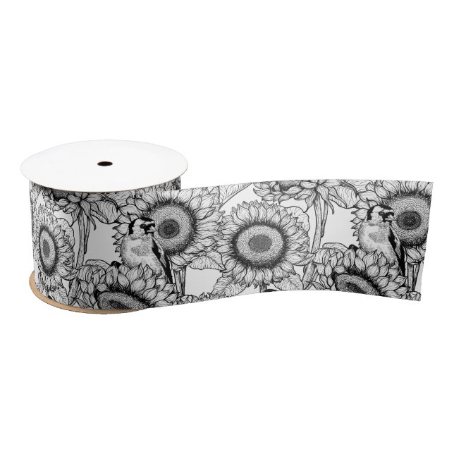 Sunflowers and goldfinches in black and white satin ribbon (Spool)