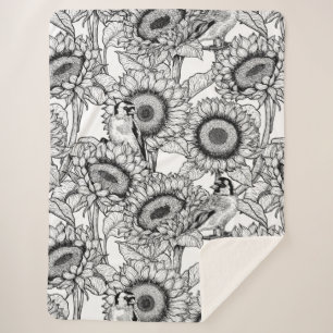 Sunflowers and goldfinches in black and white sherpa blanket