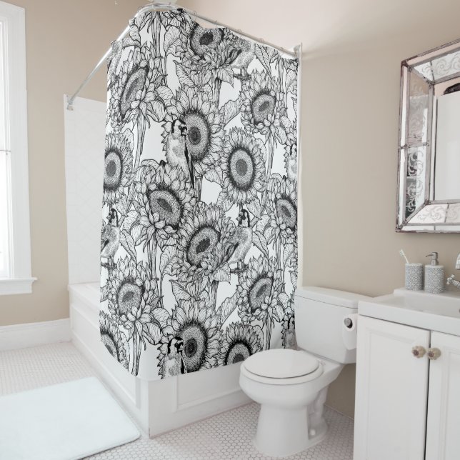 Sunflowers and goldfinches in black and white shower curtain (In Situ)