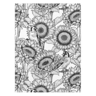 Sunflowers and goldfinches in black and white tablecloth