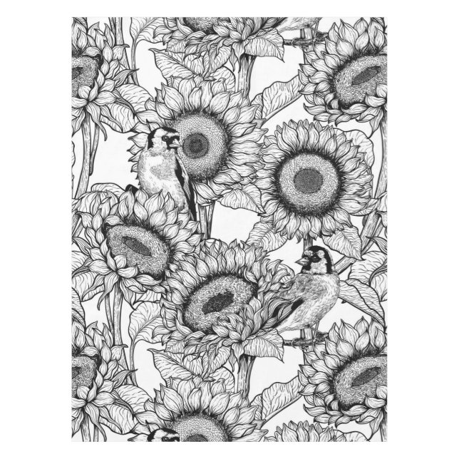 Sunflowers and goldfinches in black and white tablecloth (Front)