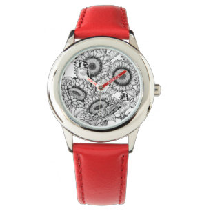 Sunflowers and goldfinches in black and white watch