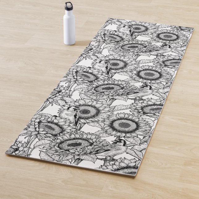 Sunflowers and goldfinches in black and white yoga mat (In Situ)