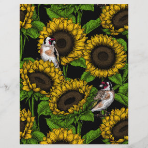 Sunflowers and goldfinches on black