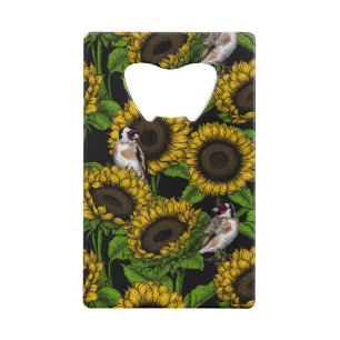 Sunflowers and goldfinches on black