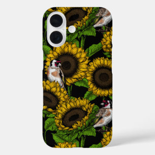 Sunflowers and goldfinches on black iPhone 16 case