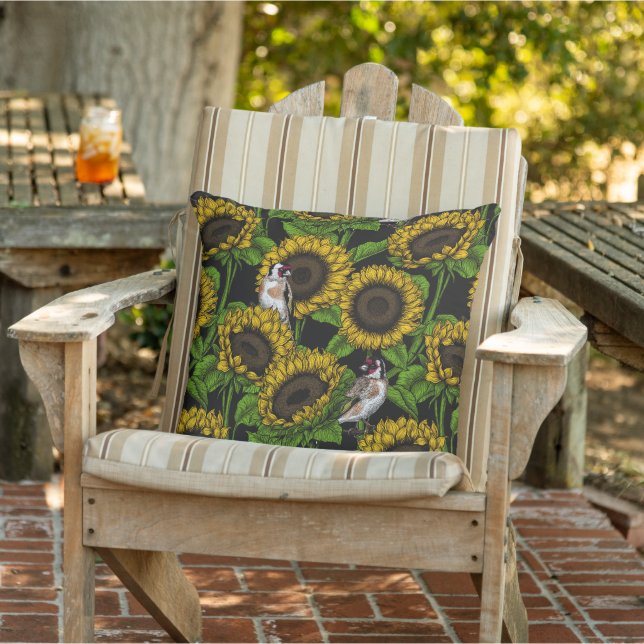 Sunflowers and goldfinches on black cushion (Chair)