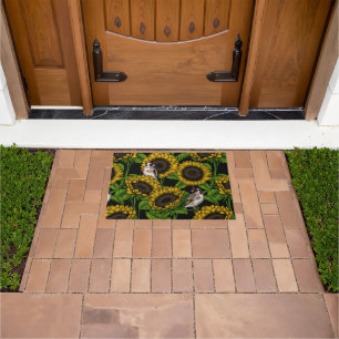 Sunflowers and goldfinches on black doormat