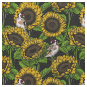Sunflowers and goldfinches on black fabric