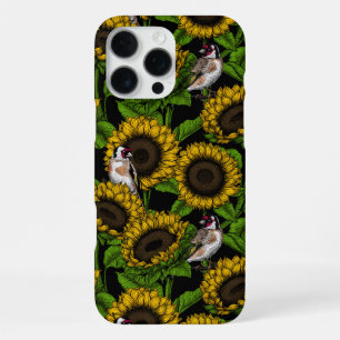 Sunflowers and goldfinches on black iPhone 16 pro max case