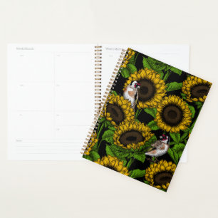Sunflowers and goldfinches on black planner