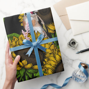 Sunflowers and goldfinches on black wrapping paper