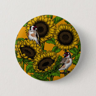 Sunflowers and goldfinches on orange 6 cm round badge