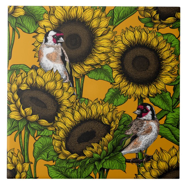 Sunflowers and goldfinches on orange ceramic tile (Front)