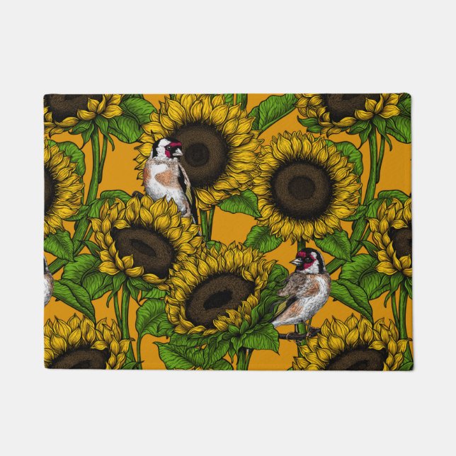 Sunflowers and goldfinches on orange doormat (Front)