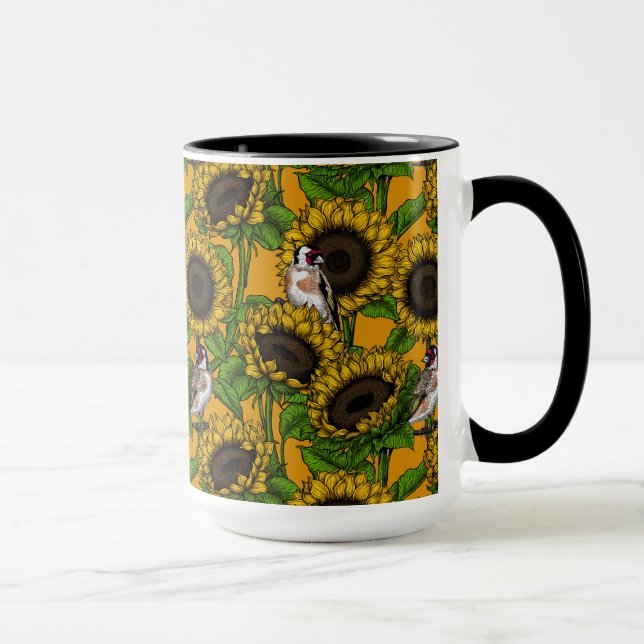 Sunflowers and goldfinches on orange mug (Right)