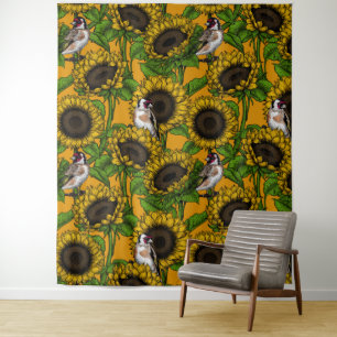 Sunflowers and goldfinches on orange tapestry