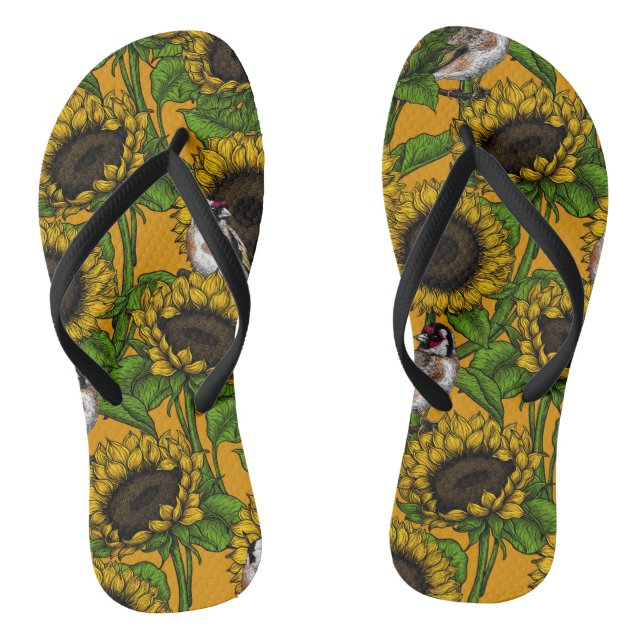 Sunflowers and goldfinches on orange thongs (Footbed)