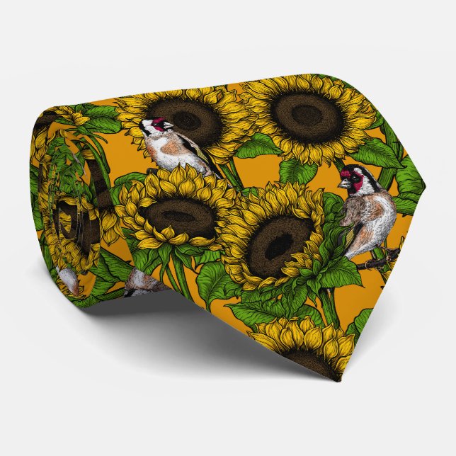 Sunflowers and goldfinches on orange tie (Rolled)