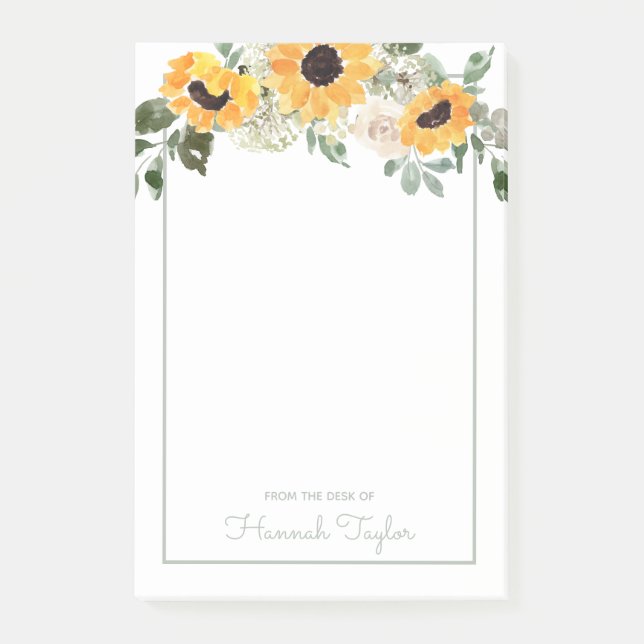 Sunflowers and Greenery Personalised Post-it Notes (Front)
