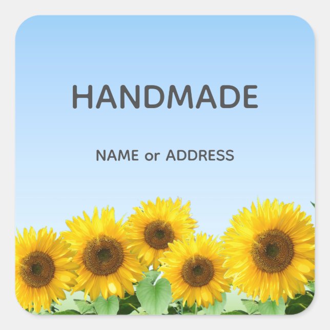 Sunflowers and Handmade Text on Light Blue Square Sticker (Front)