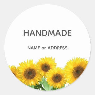 Sunflowers and Handmade Text on White Classic Round Sticker