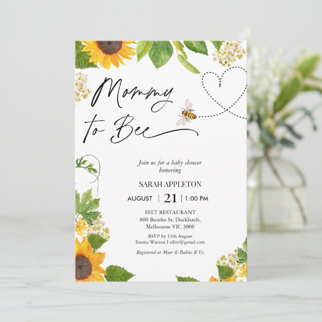 Sunflowers And Hearts Mommy To Bee Baby Shower  Invitation (Standing Front)