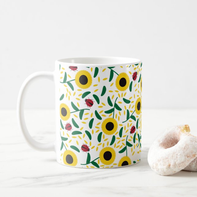 Sunflowers and Ladybugs Pattern Coffee Mug (With Donut)