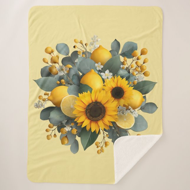 Sunflowers and Lemons Autumn Arrangement Sherpa Blanket (Front)